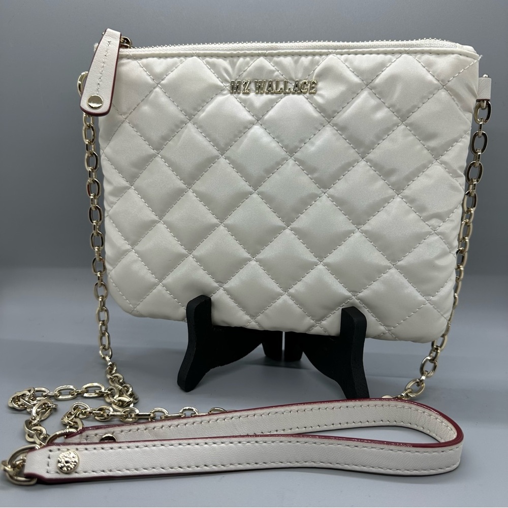 MZ Wallace Quilted Crossbody Bag in Ivory with Gold Chain